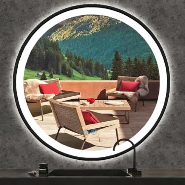 Imagem de DIDIDADA Espelho de LED redondo com moldura preta de 76 cm para banheiro montado na parede 76 cm preto redondo iluminado espelho com luzes moldura preta antiembaçamento Smart Momery regulável 3 cores