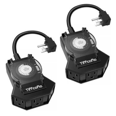 Imagem de Temporizador externo à prova d'água, temporizador mecânico de luz 24 horas ao ar livre, 2 tomadas aterradas para casa e jardim, 15A 1/2HP, resistente, listado ETL (2 pacotes)