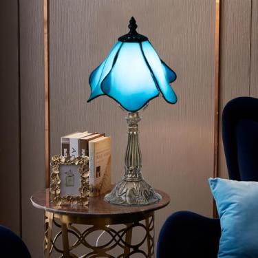 Imagem de Nizrsky Luminária de mesa Tiffany, lâmpada de vitral com 3 flores com temperatura de cor, lâmpada estilo Tiffany de 20 cm para quarto, sala de estar, casa, luz artesanal, lâmpada incluída (azul)