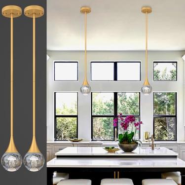 Imagem de 2 luzes pendentes ilha de cozinha, globo de ouro pintado cristal luzes penduradas no teto, luminárias de LED, varão de metal, iluminação pendente de vidro para cozinha, ilha, sala de jantar, bar