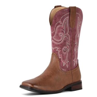 Imagem de IUV Botas caubói femininas de bico quadrado, botas ocidentais, cano médio, botas de caubói bordadas, modernas, Vinho tinto, 38