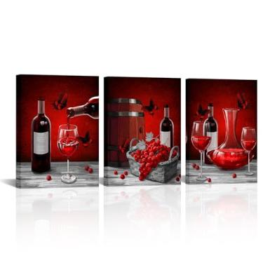 Imagem de RnnJoile Arte de parede de vidro de uva para decoração de cozinha vermelha pinturas em tela de vidro de vinho para sala de jantar Chateau Decoração de parede emoldurada 30,5 x 40,6 cm para cada