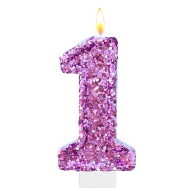 Imagem de Velas roxas de aniversário, vela número 1 para bolo, topo de bolo roxo com glitter, decorações de festa de aniversário de princesa, enfeite de cupcake, lembrancinhas de festa, suprimentos de decoração