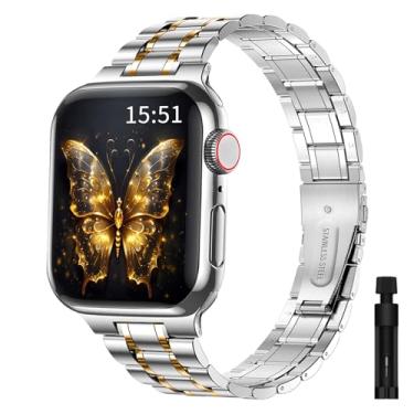 Imagem de maenwvo Pulseira de aço inoxidável compatível com Apple Watch de 42 mm (Series10) de 38 mm, 40 mm e 41 mm, pulseira de metal para iWatch feminina, prata e ouro