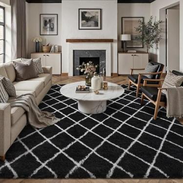 Imagem de PureCozy Tapete quadriculado 15 x 23 cm para sala de estar, preto e branco, moderno, macio, tapete antiderrapante para quarto, sala de jogos, decoração estética de casa