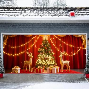 Imagem de Faixa de porta de garagem Feliz Natal 1,8 x 3,5 m, Natal, Papai Noel, boneco de neve, alce, aurora, decorações de Natal 180 x 398 cm, decoração de capa de porta de garagem para festa de Natal (06)