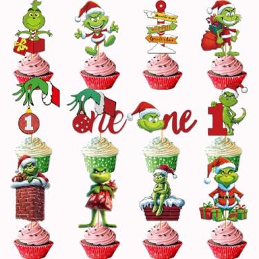Imagem de 24 peças de enfeite de cupcake de Natal 1º aniversário decorações de bolo de Natal bonito engraçado desenho animado verde monstro tema picaretas de cupcake para crianças decorações de festa de 1º