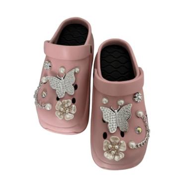 Imagem de WDIRARA Sandália feminina com estampa de borboleta, strass, pérola, acolchoada, Y2K, plataforma com tira traseira, rosa, 40