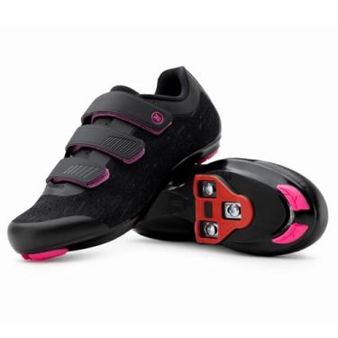 Imagem de Tommaso Tênis de ciclismo feminino Pista 100 tricotado elegante para uso interno, Peloton Read, respirável, leve, com chuteira compatível, Look Delta, SPD preto, rosa, branco, Preto/rosa - Delta, 10