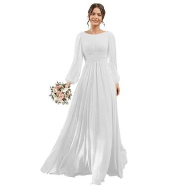 Imagem de Vestido de dama de honra YOFF White Chiffon A-line com bolsos US2
