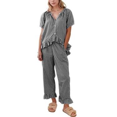 Imagem de Conjunto de pijamas femininos Flygo, xadrez, guingão, com botões, pret