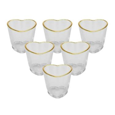 Imagem de Kit 6 Copos Shot Coração Vidro Com Borda Dourada 50Ml