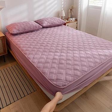 Imagem de Jogo de lençol com elástico para colchão Queen, rosa, capa protetora de colchão acolchoado de algodão grosso, lavável, capa de cama e fronha para quarto de hotel 90 x 200 cm (solteiro roxo 90 x 200 cm