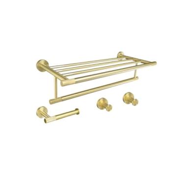 Imagem de Ferragens de banheiro ouro escovado acessórios de banheiro conjunto de ferragens barra de toalha trilho suporte de papel roupão gancho sabão prato toalha cabide prateleira escova de vaso sanitário