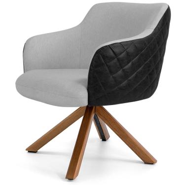 Imagem de Poltrona Base Giratória de Madeira Jade D02 Linho Cinza D-315 Tressê Corano Preto - Lyam Decor