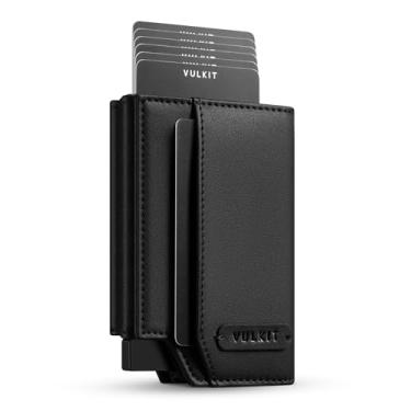 Imagem de VULKIT Carteira masculina de couro com bloqueio de RFID com ejetor de cartão de crédito pop-up, janela para identidade, compartimento para dinheiro/notas e bolso para moedas, caixa de presente, preta