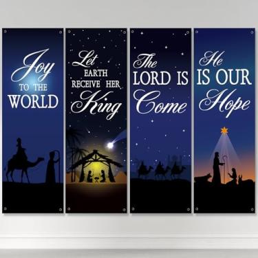 Imagem de 4 peças de banners de igreja de Natal de presépio com pano de fundo de versículo da Bíblia, placas de louvor religiosas penduradas para igreja, decorações de presépio sagrado, parede de santuário