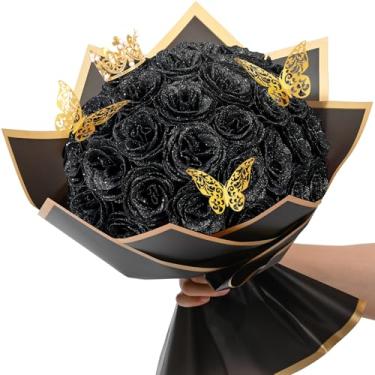 Imagem de Waipfaru Buquê de rosas com glitter preto, buquê de flores falsas faça você mesmo, buquê de rosas artificiais brilhantes eternas para o dia dos namorados, aniversário, noivado, casamento, 36 rosas