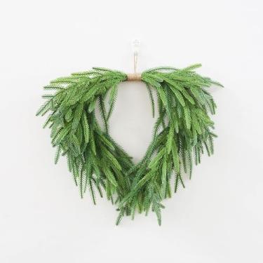 Imagem de Guirlanda artificial em forma de coração de pinheiro Norfolk, ramos de pinheiro falso verde realista, detalhe de barbante de juta natural, decoração para pendurar na parede (40,6 cm)