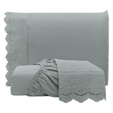 Imagem de Jogo De Lençol Realce King 3 Peças Percal 300 Fios Bordado Inglês Macio - Cinza - 100% Poliéster