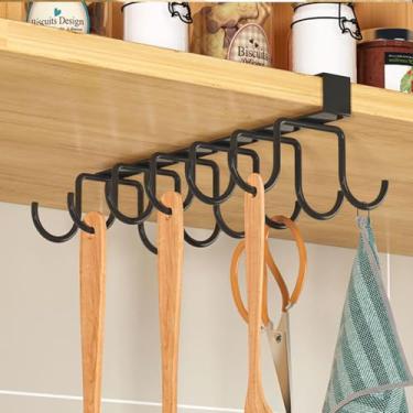 Imagem de Suporte de utensílios de cozinha de metal ganchos de fileira sob armário organizador prateleira rack de armazenamento para despensa (fileira dupla preta 12 ganchos)