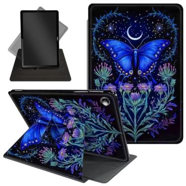 Imagem de Capa para tablet Amazon Kindle Fire HD 10 e Fire HD 10 Plus (11ª geração, versão 2021) 10,1 polegadas com suporte giratório de 360 graus, função de despertar/dormir, borboleta azul e floral