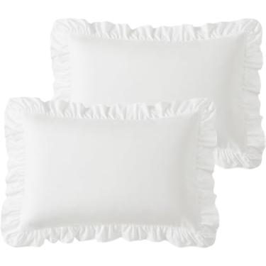 Imagem de Pacote com 2 fronhas com babados, fronhas de almofada de microfibra escovada com borda de babados e fecho de envelope para decoração de cama (branco, Queen - 50 x 76 cm)