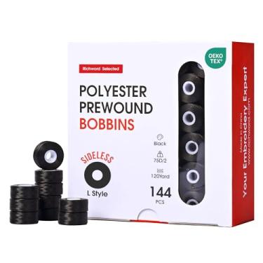 Imagem de Richword Bobinas pré-enroladas selecionadas, preto SideLess 144 peças tamanho G (SA155), 75D/2 (60WT) fio de bobina de poliéster para máquina de bordar multi agulhas comerciais, 120 jardas