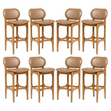 Imagem de Kit 8 Banquetas Alta Estofada Rafine Madeira Castanho Impermeável Marrom