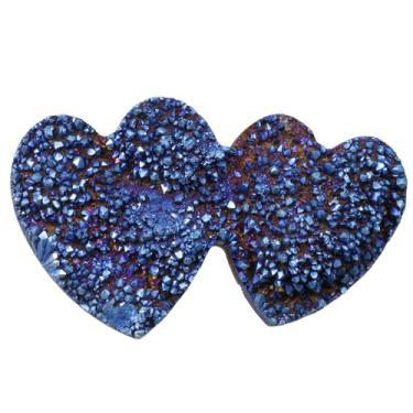 Imagem de Rockcloud Quartzo cristal revestido de titânio em forma de coração duplo, estatueta de geodo drusa natural para decoração de casamento, escritório em casa, azul