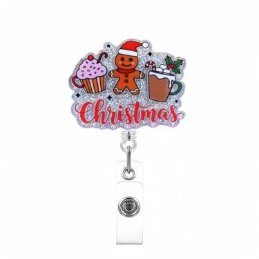 Imagem de 1 suporte retrátil de crachá de Natal, design de homem de gengibre, nome de identificação com glitter acrílico com clipe, nome de identificação de enfermeira, clipes de jacaré para médico, trabalhador