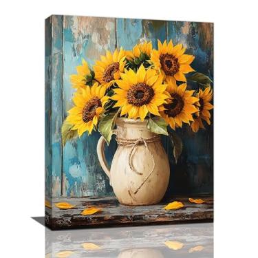 Imagem de Crekviy Arte de parede de girassol vintage flor decoração de parede fazenda impressão em tela pintura amarelo floral imagens decoração para banheiro quarto sala de estar arte emoldurada presentes 30,5
