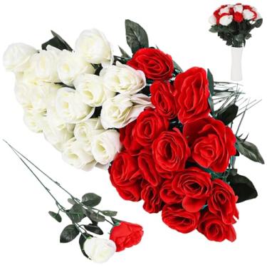 Imagem de Conjunto de 36 peças de rosas artificiais vermelhas e brancas, buquês de casamento de seda, decoração de mesa e arranjos florais DIY