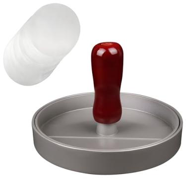 Imagem de Prensa de alumínio com cabo de madeira vermelha, inclui 2 papéis de cera, pode ser lavado na lava-louças, ideal para acampamento e piqueniques