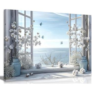 Imagem de Arte de parede em tela de banheiro de flores costeiras buquê de algodão e borboleta banheiro na janela decoração de parede azul rústico borboleta de praia impressão de pôster para sala de estar