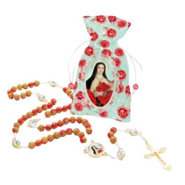Imagem de Terço Santa Teresinha, Contas ABS 8mm, Dourado com Strass, 42cm, Entremeio em Resina 2cm, com Saquinho Floral Estampado