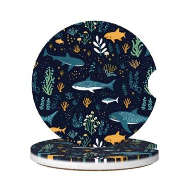 Imagem de KOSUES Porta-copos de cerâmica absorvente de tubarão-baleia subaquático subaquático para carro, 2 unidades, porta-copos com inserção redonda, suporte para copo de carro, com entalhe de dedo, base de