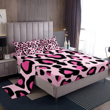 Imagem de Erosebridal Jogo de lençol Queen com estampa de oncinha rosa e preto, para crianças, adolescentes e adultos, lençol de cima com estampa de chita africana, casa de fazenda, pele de animal selvagem