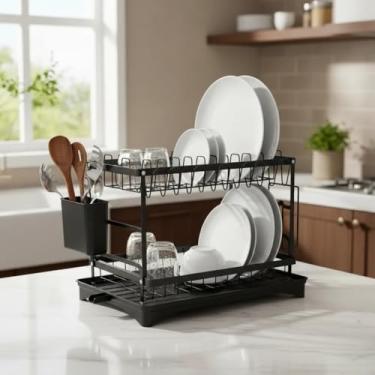 Imagem de Escorredor de Louças Premium 2 Andares em Ferro e Plástico, Preto Fosco, com Bico Direcionador 360°, Suporte para Talheres e Tábuas, 42x29x29cm