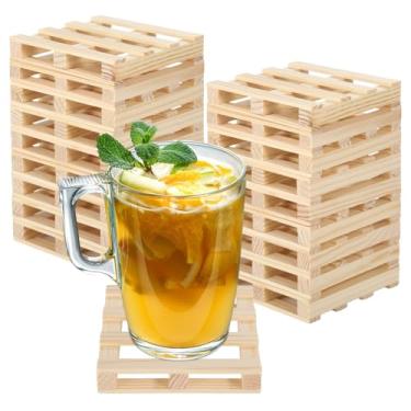 Imagem de LUMINFLY 18 porta-copos de paletes de madeira natural, porta-copos quadrados rústicos de 9 cm para bebidas quentes e frias, bandejas de bebidas inacabadas