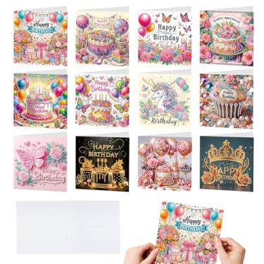 Imagem de Zyvoreva 12 peças de cartões comemorativos com arte de diamante de aniversário com envelopes, kit de cartões comemorativos quadrados de bolo com pintura de diamante para adultos (aniversário)