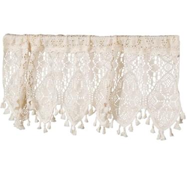 Imagem de LUMINFLY Saia de renda de crochê feita à mão, cortina de cozinha vintage com borlas, tratamento de janela curta com bolso de haste estilo country para café