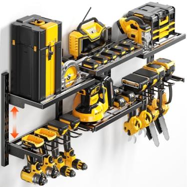 Imagem de POKIPO Organizador de ferramentas elétricas modulares, suporte de parede de metal de altura ajustável com 3 estilos de montagem, suporte de broca sem fio resistente de 2 camadas para oficina de