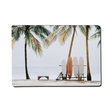 Imagem de Arte de parede de prancha de surf, decoração de parede de paisagem de praia, presente de surfista, placa de alumínio para berçário do Havaí, placa de metal para casa, bar, decoração de parede de café