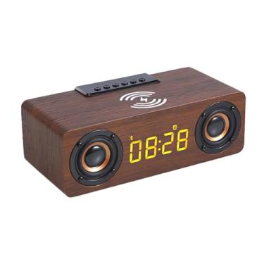 Imagem de Despertador digital de função dupla elegante com carregador de telefone sem fio, 24 x 10 x 8 cm, despertador com alto-falante de madeira - potência de 6 W, material de madeira leve, perfeito para