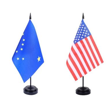 Imagem de JBSJBS Bandeira de mesa do Alasca dos EUA 30,5 cm, conjunto de luxo, bandeiras do Alasca dos EUA, mini bandeiras pequenas de mesa de escritório do estado americano com base preta para decoração de