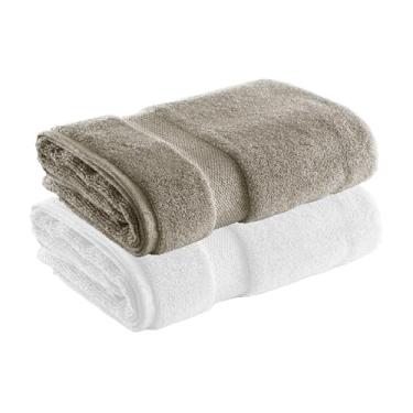 Imagem de Jogo de Toalhas Ele/Ela Super Soft Zero Twist Banhão 80x150cm 500g/m², 97% Algodão 3% Poliéster, Toque Macio, Alta Absorção e Design Sofisticado – Altihaus (Branco/Taupe)