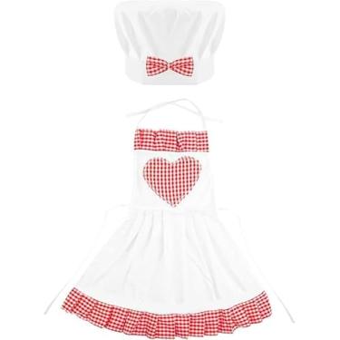 Imagem de LUSTRIB 2 peças de fantasia fofa de chef para bebês de 6 a 24 meses, avental de chapéu de chef vermelho e branco, roupas de bebê adoráveis para meninas, adereços engraçados para fotos, vestido de