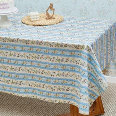 Imagem de Frienda Toalha de mesa retangular floral vintage, 139 cm x 199 cm, capa de mesa rústica de veludo, lavável, floral, pastoral, para cozinha, jantar, piquenique, Ação de Graças, Natal (flor azul)
