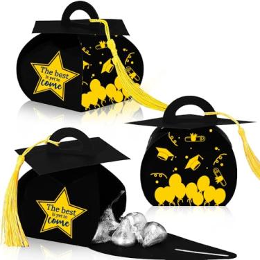 Imagem de METUS Caixa de doces de formatura preta Class of 2024 com borla, boné de formatura, caixa de presente para decorações de festa de formatura